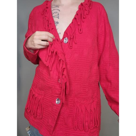 Vtg 80s 90s Nanette Keller Red Fringe Gem Button Up Funky Long Sleeve Top Sz Lg - Picture 5 of 9